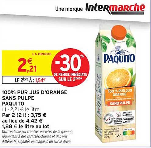 100% PUR JUS D'ORANGE SANS PULPE PAQUITO