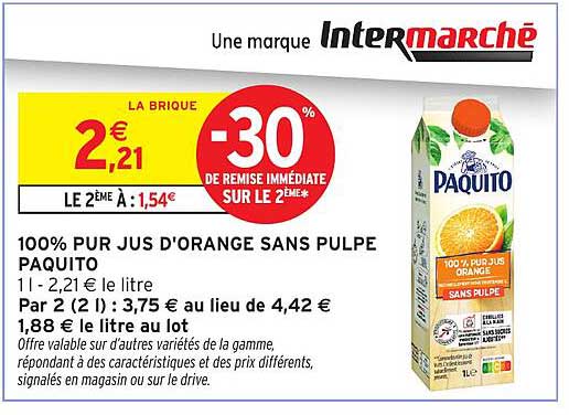 100% PUR JUS D'ORANGE SANS PULPE PAQUITO