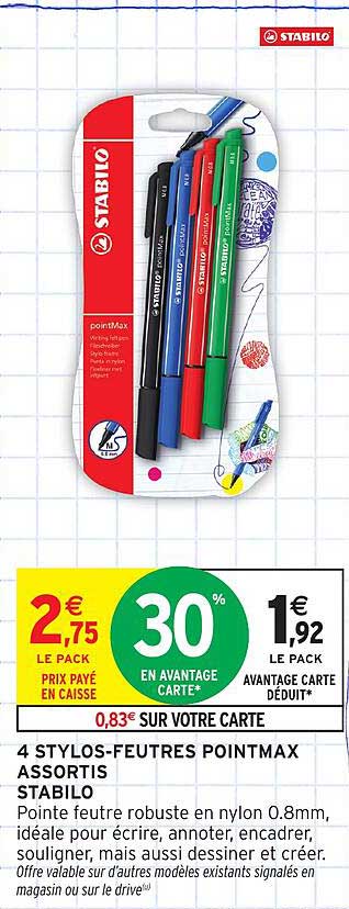 4 STYLOS-FEUTRES POINTMAX ASSORTIS STABILO
