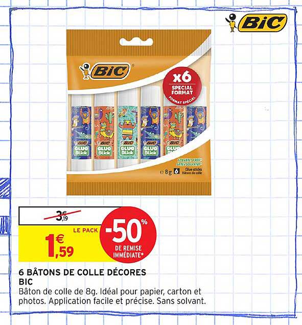 6 BÂTONS DE COLLE DÉCORÉS BIC