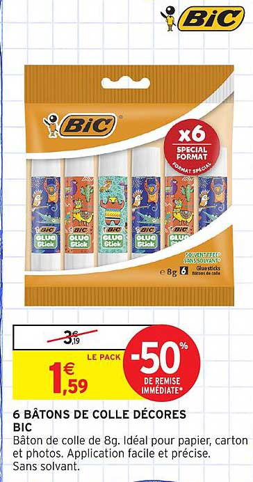 6 BÂTONS DE COLLE DÉCORÉS BIC