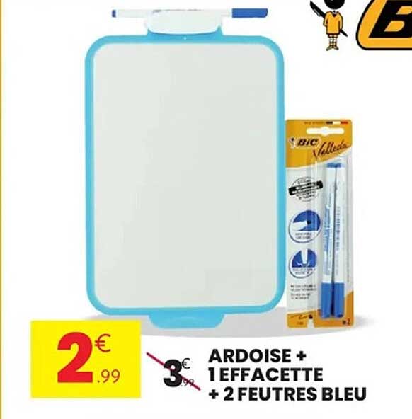 Ardoise + 1 effacette + 2 feutres bleu