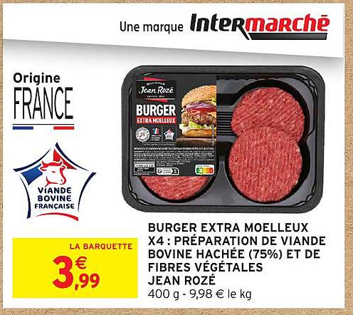 BURGER EXTRA MOELLEUX X4 : PRÉPARATION DE VIANDE BOVINE HACHÉE (75%) ET DE FIBRES VÉGÉTALES JEAN ROZÉ