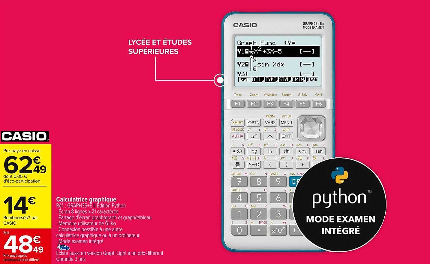 Calculatrice graphique CASIO GRAPH 35+ E II Edition Python