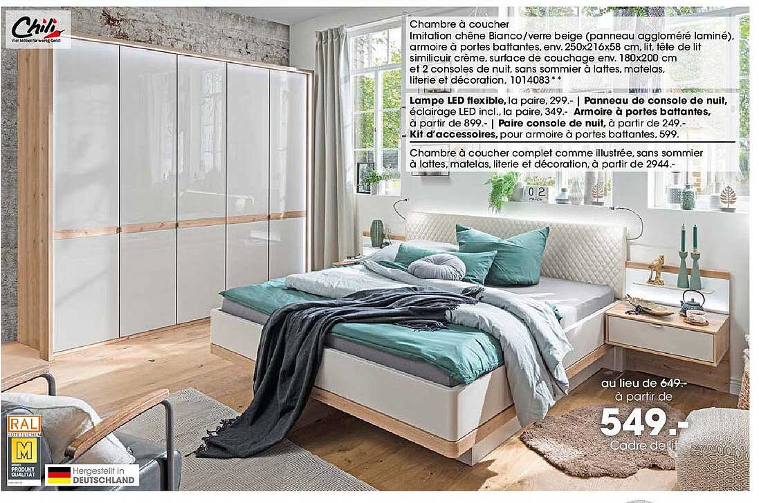 Chambre à coucher Imitation chêne Bianco/vert beige