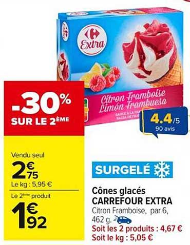 Cone glacé Citron Framboise Carrefour Extra
