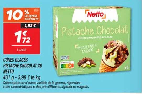 Cônes Glacés Pistache Chocolat X6