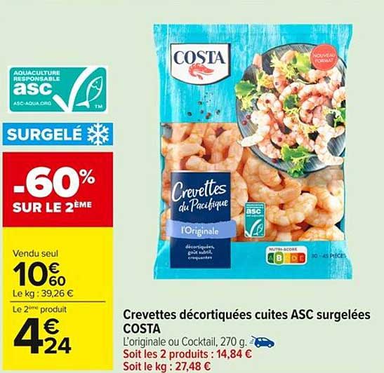 Crevettes décortiquées cuites ASC surgelées COSTA