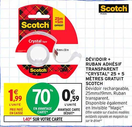 DÉVIDOIR + RUBAN ADHÉSIF TRANSPARENT "CRYSTAL" 25 + 5 MÉTRÉS GRATUIT SCOTCH