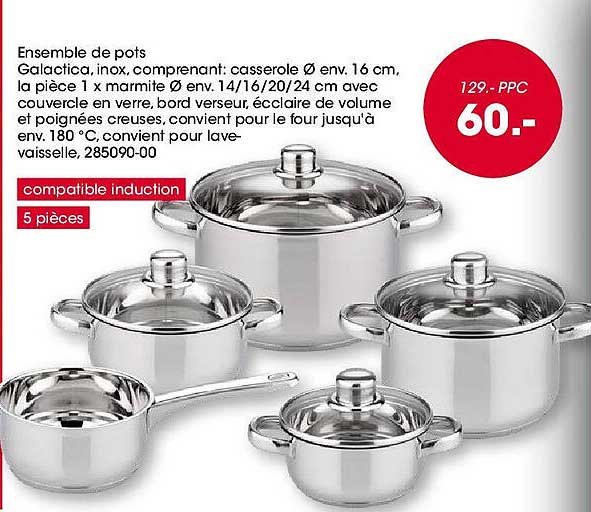 Ensemble de pots Galactica, inox, comprenant: casserole Ø env. 16 cm, la pièce 1 x marmite Ø env. 14/16/20/24 cm