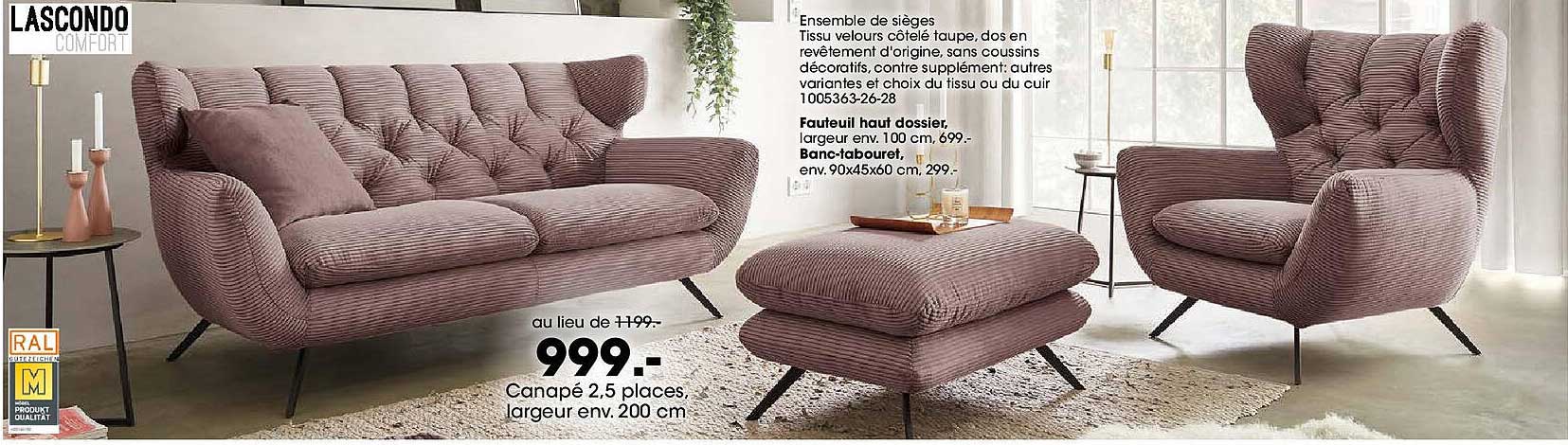 Ensemble de sièges Tissu velours côtelé taupe