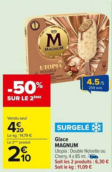 Glace MAGNUM Utopia : Double Noisette ou Cherry, 4 x 85 ml