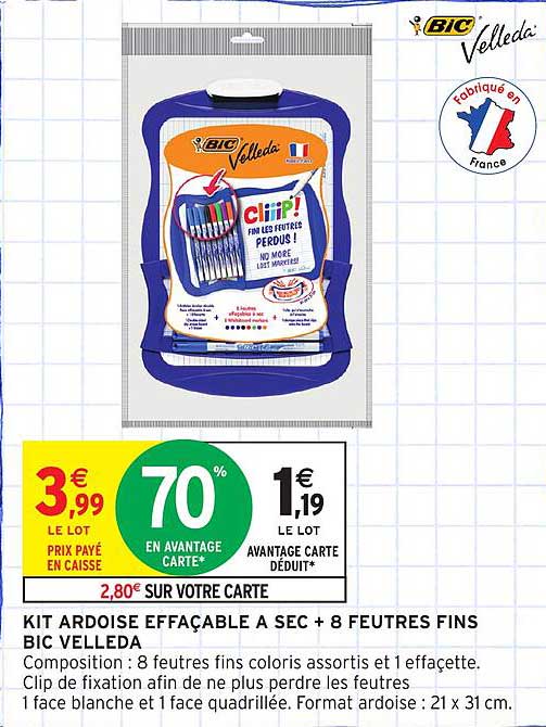 KIT ARDOISE EFFACABLE A SEC + 8 FEUTRES FINS BIC VELLEDA
