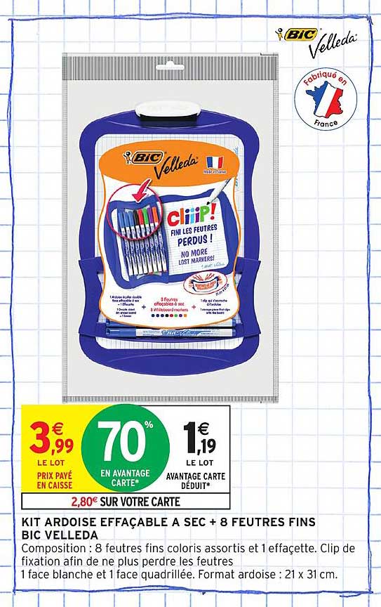 KIT ARDOISE EFFACABLE A SEC + 8 FEUTRES FINS BIC VELLEDA