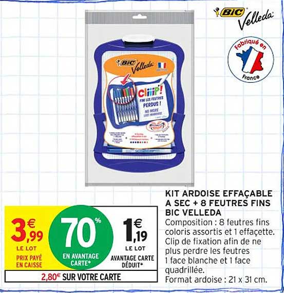 KIT ARDOISE EFFACABLE À SEC + 8 FEUTRES FINS BIC VELLEDA