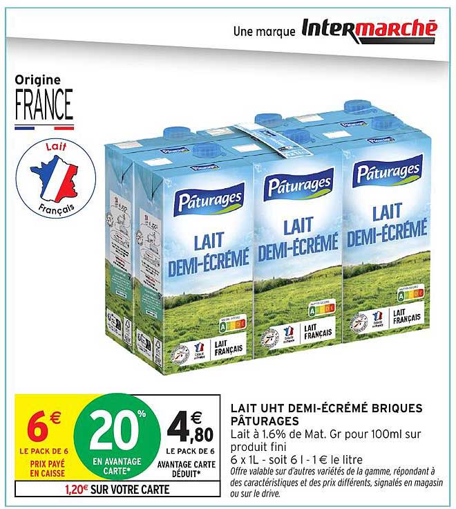 LAIT UHT DEMI-ÉCRÉMÉ BRIQUES PÂTURAGES