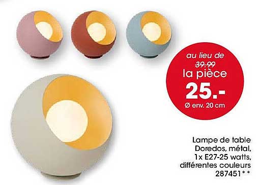Lampe de table Doredos, métal, 1x E27-25 watts, différentes couleurs
