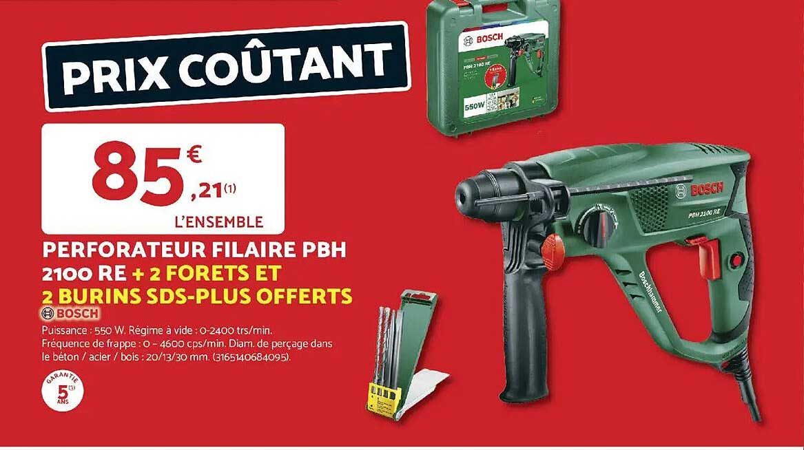 PERFORATEUR FILAIRE PBH 2100 RE + 2 FORETS ET 2 BURINS SDS-PLUS OFFERTS