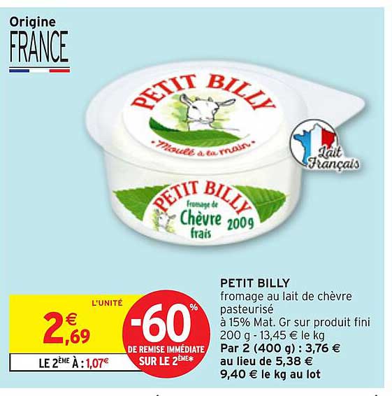 PETIT BILLY fromage au lait de chèvre pasteurisé