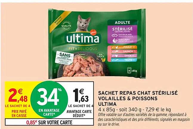 SACHET REPAS CHAT STÉRILISÉ VOLAILLES & POISSONS ULTIMA