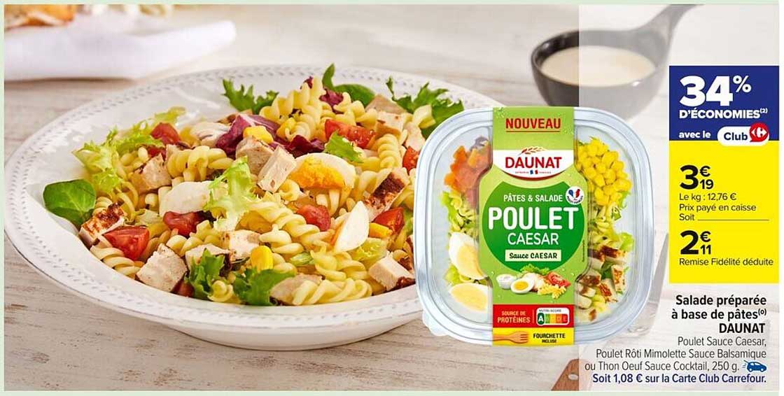 Salade préparée à base de pâtes DAUNAT Poulet Sauce Caesar