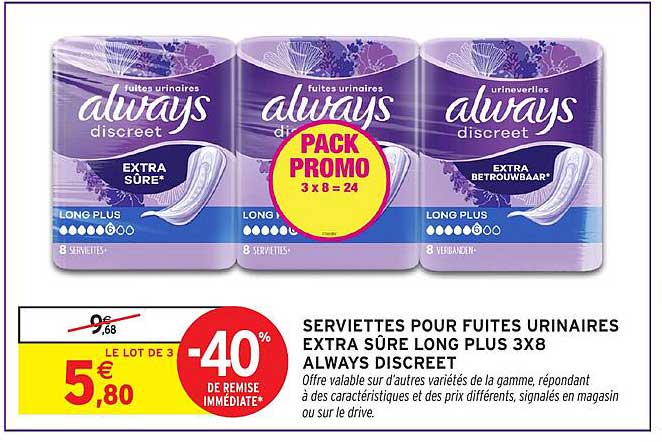 SERVIETTES POUR FUITES URINAIRES EXTRA SÛRE LONG PLUS 3X8 ALWAYS DISCREET