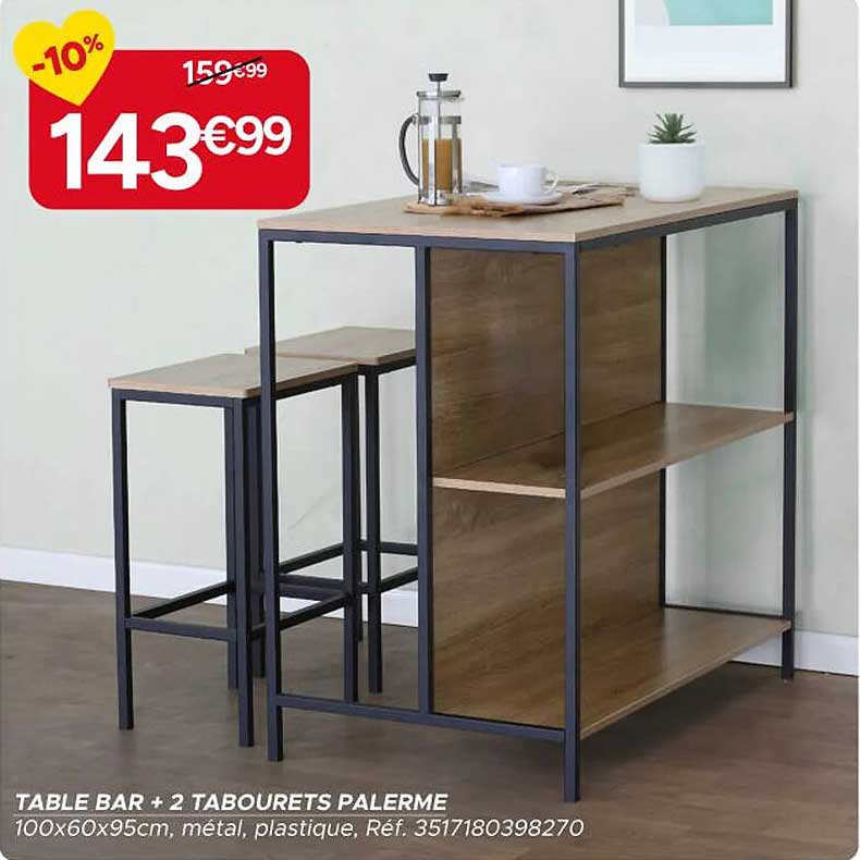 TABLE BAR + 2 TABOURETS PALERME