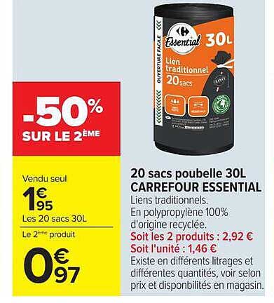 20 sacs poubelle 30L CARREFOUR ESSENTIAL Liens traditionnels