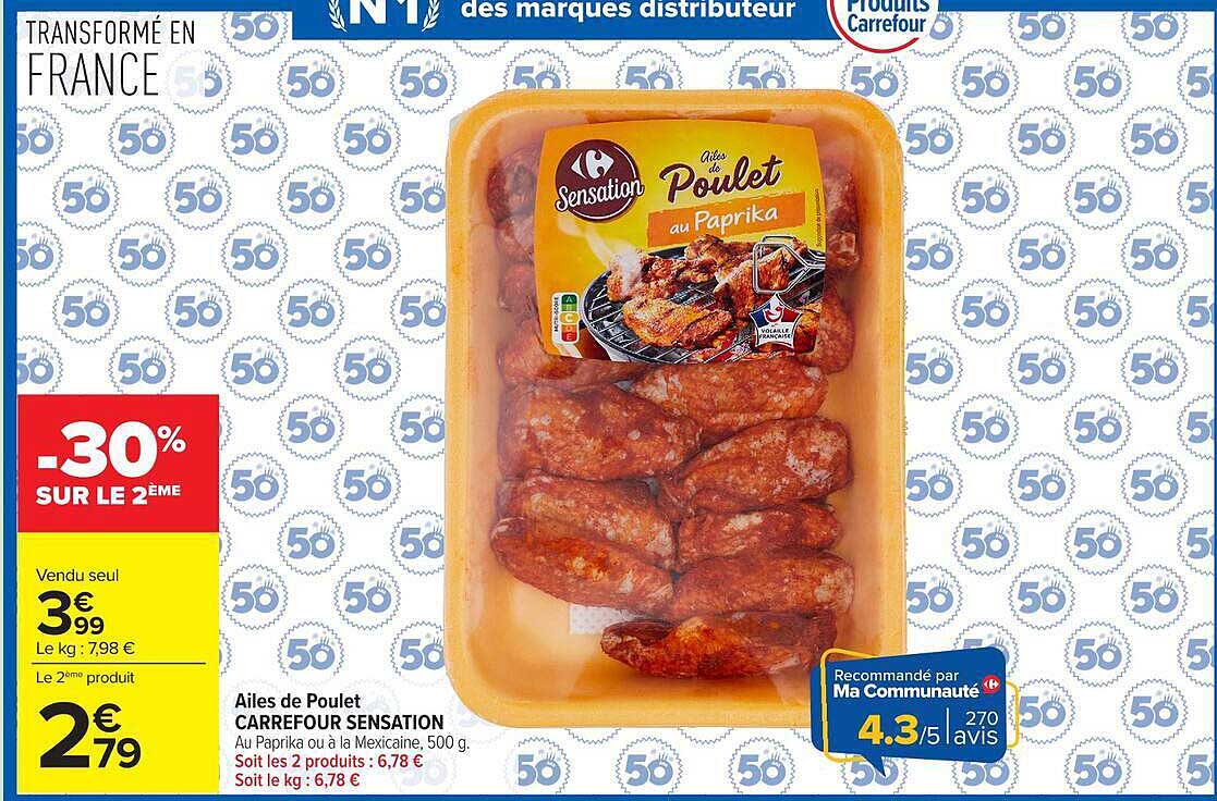 Ailes de Poulet SENSATION Au Paprika ou à la Mexicaine, 500 g.