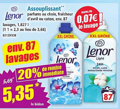 Assouplissant parfums au choix, fraîcheur d'avril ou coton, env. 87 lavages