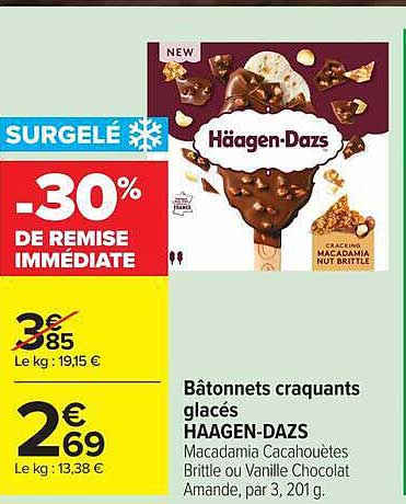 Bâtonnets craquants glacés HAAGEN-DAZS Macadamia Cacahuètes Brittle ou Vanille Chocolat Amande, par 3, 201 g