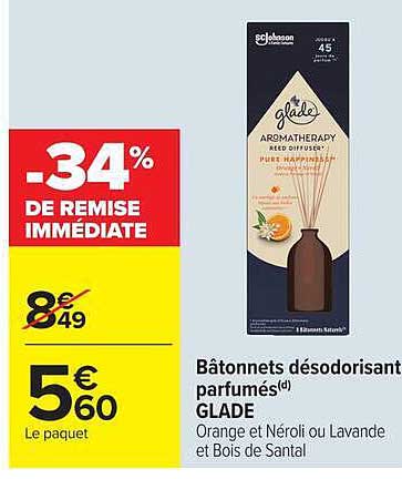 Bâtonnets désodorisant parfumés GLADE Orange et Néroli ou Lavande et Bois de Santal