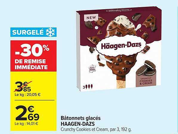 Bâtonnets glacés HAAGEN-DAZS Crunchy Cookies et Cream, par 3, 192 g.