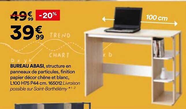 BUREAU ABASI, structure en panneaux de particules, finition papier décor chêne et blanc, L100 H75 P44 cm. 165012 Livraison possible sur Saint-Barthélemy *1-2