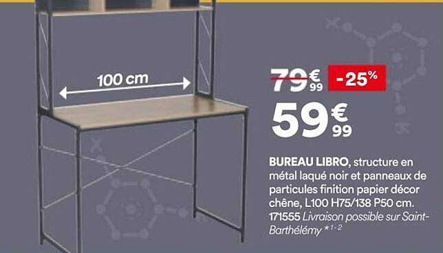 BUREAU LIBRO, structure en métal laqué noir et panneaux de particules finition papier décor chêne