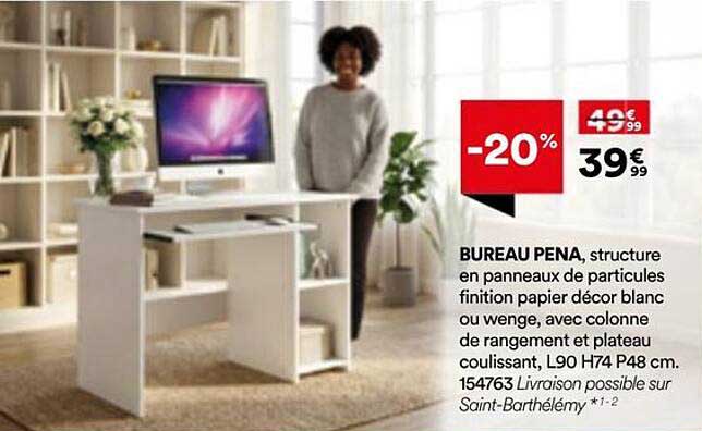 BUREAU PENA, structure en panneaux de particules finition papier décor blanc ou wenge, avec colonne de rangement et plateau coulissant, L90 H74 P48 cm. 154763 Livraison possible sur Saint-Barthélemy *1-2