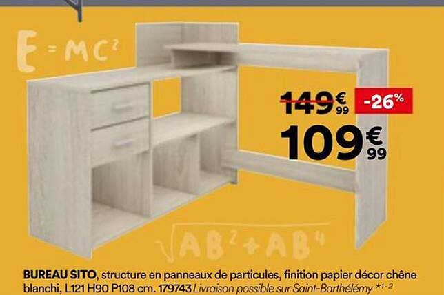 BUREAU SITO, structure en panneaux de particules, finition papier décor chêne blanchi, L121 H90 P108 cm. 179743 Livraison possible sur Saint-Barthélemy *1-2