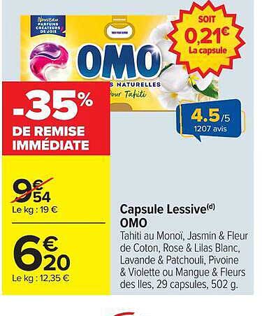 Capsule Lessive OMO Tahiti au Monoï, Jasmin & Fleur de Coton, Rose & Lilas Blanc, Lavande & Patchouli, Pivoine & Violette ou Mangue & Fleurs des Iles, 29 capsules, 502 g.