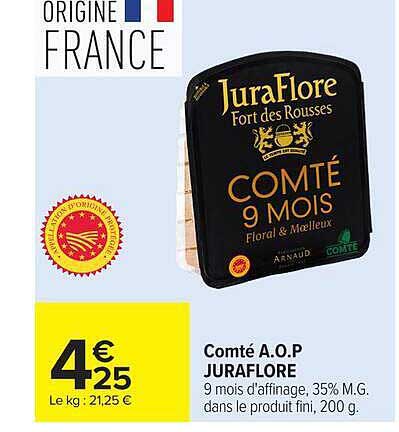 Comté A.O.P JURAFLORE 9 mois d'affinage, 35% M.G. dans le produit fini, 200 g.