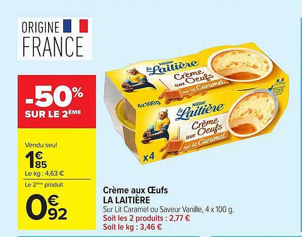 Crème aux Œufs LA LAITIÈRE Sur Lit Caramel ou Saveur Vanille, 4 x 100 g