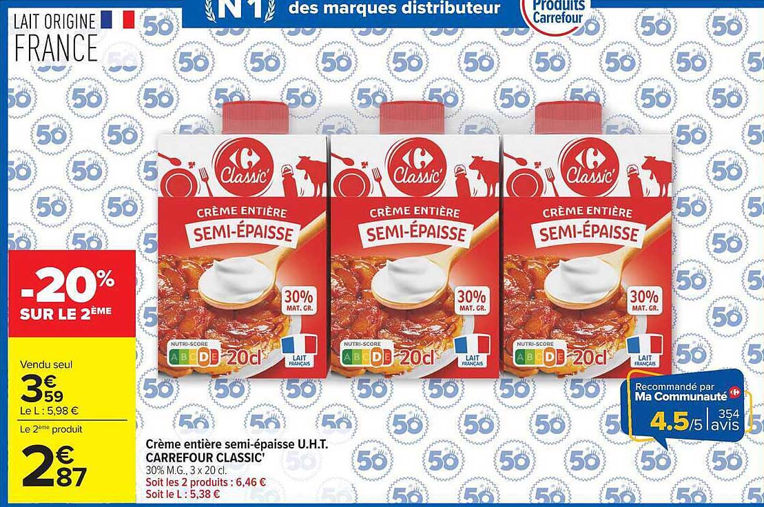 Crème entière semi-épaisse U.H.T. CARREFOUR CLASSIC'