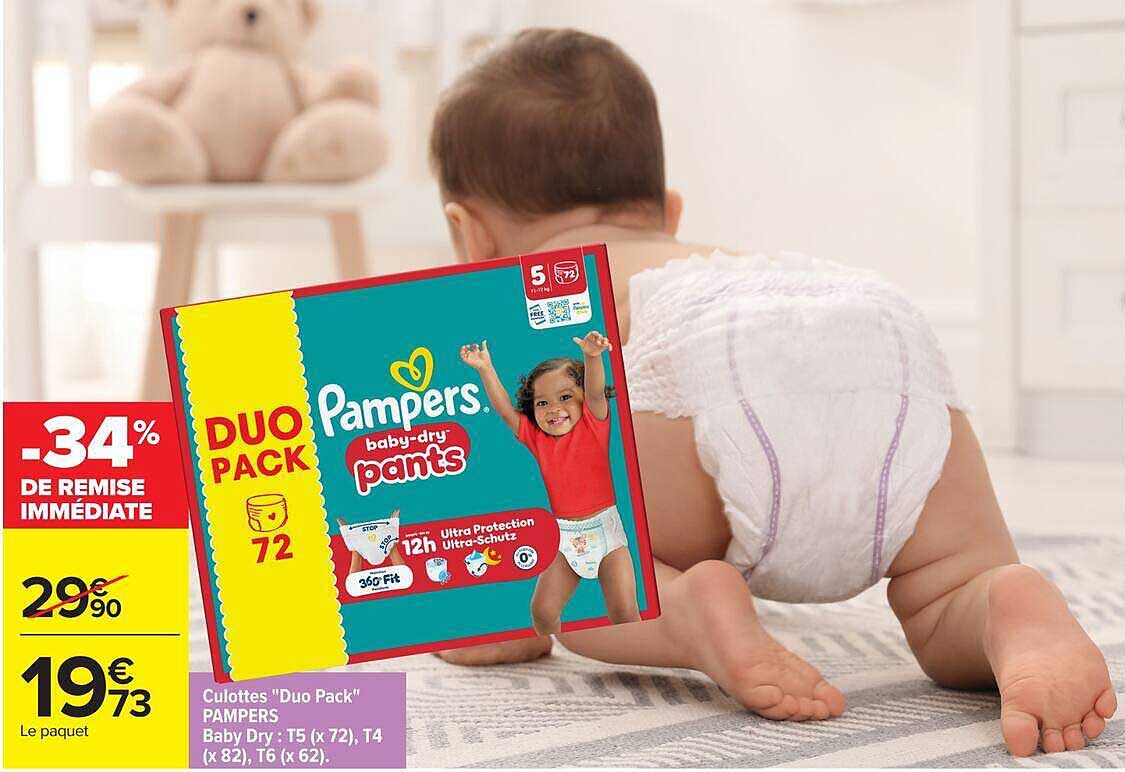 Culottes “Duo Pack” PAMPERS Baby Dry : T5 (x 72), T4 (x 82), T6 (x 62).