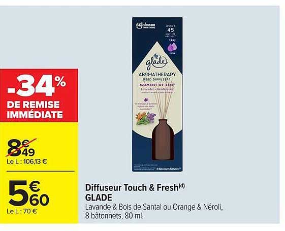 Diffuseur Touch & Fresh(d) GLADE Lavande & Bois de Santal ou Orange & Néroli, 8 bâtonnets, 80 ml.