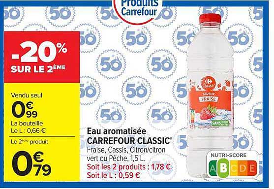 Eau aromatisée CARREFOUR CLASSIC’ Fraise, Cassis, Citron/citron vert ou Pêche, 1,5 L