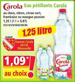 Eau pétillante Carola au choix, citron, citron vert, framboise ou mangue passion 1,25 l (1 l = 0.87)