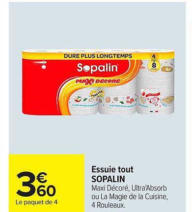 Essuie tout SOPALIN Maxi Décoré, Ultra'Absorb Ou La Magie de la Cuisine, 4 Rouleaux.
