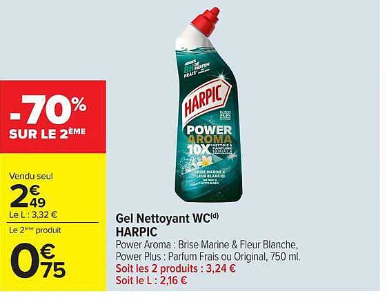 Gel Nettoyant WC(d) HARPIC Power Aroma : Brise Marine & Fleur Blanche, Power Plus : Parfum Frais ou Original, 750 ml.