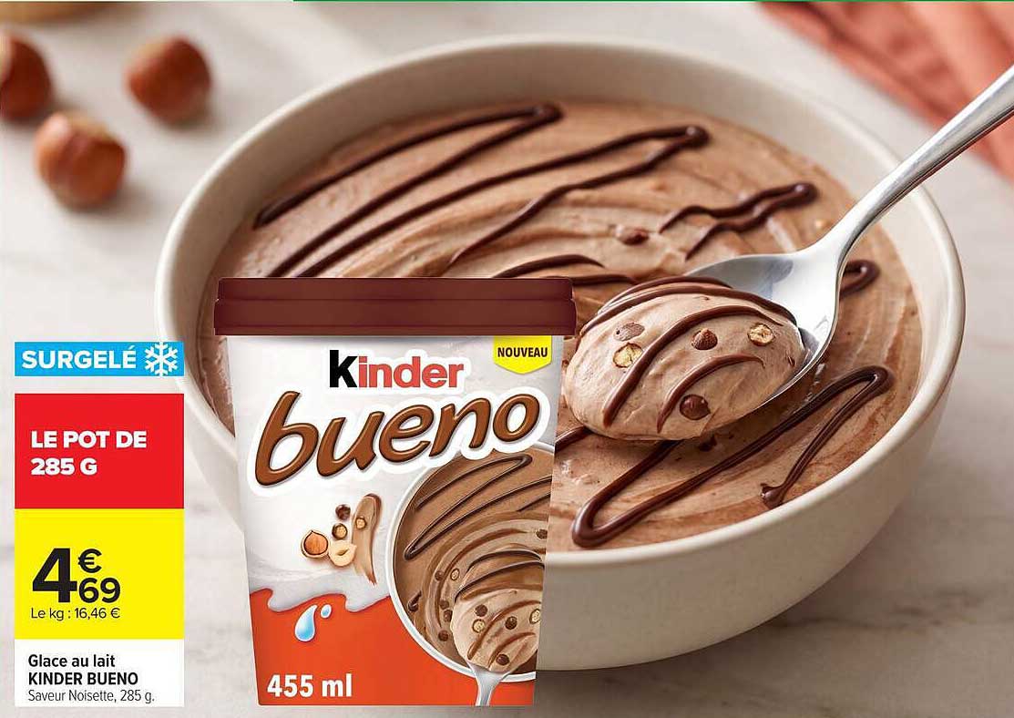 Glace au lait KINDER BUENO Saveur Noisette, 285 g.