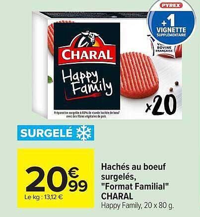 Hachés au boeuf surgelés, "Format Familial" CHARAL Happy Family, 20 x 80 g.