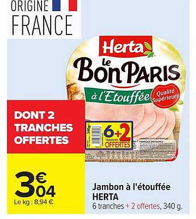 Jambon à l'étouffée HERTA 6 tranches + 2 offertes, 340 g.